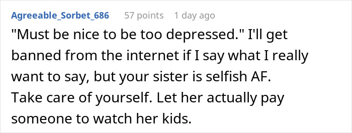 Text post with a user sharing a personal experience about being too depressed to babysit and family challenges. Text post with a user sharing a personal experience about being too depressed to babysit and family challenges.