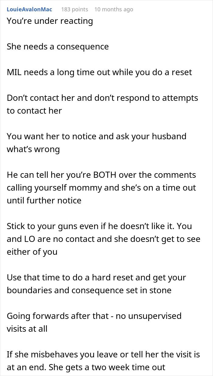 Comment advising a strict reset and consequences for MIL who calls herself mommy, emphasizing boundaries and no contact.