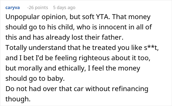Reddit comment discussing a woman refusing to give up life insurance policy and asking ex’s family to refinance a car. Reddit comment discussing a woman refusing to give up life insurance policy and asking ex’s family to refinance a car.