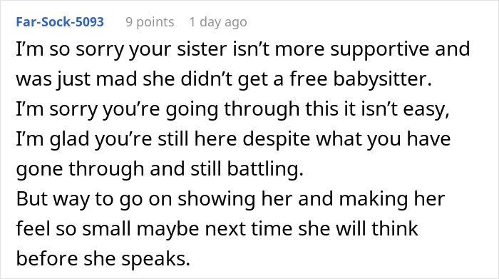 Comment expressing support for someone feeling too depressed to babysit, highlighting mental health struggles and resilience. Comment expressing support for someone feeling too depressed to babysit, highlighting mental health struggles and resilience.