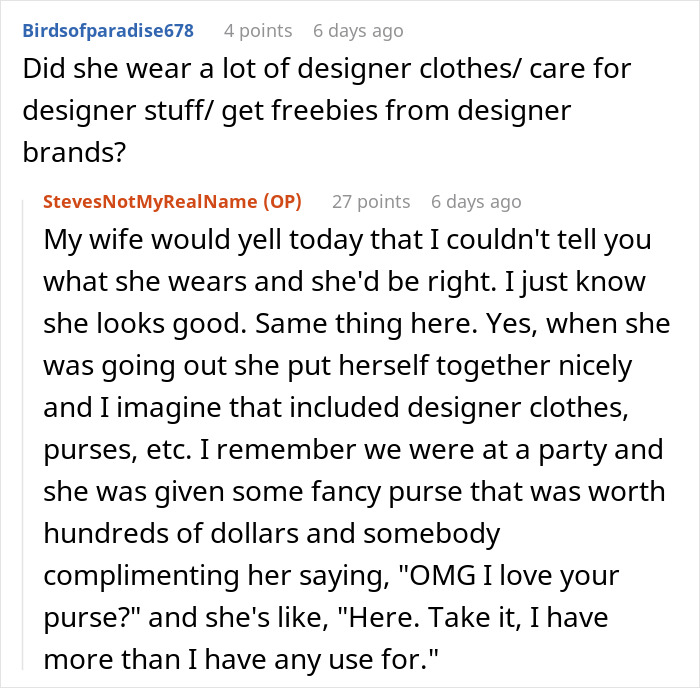 Screenshot of a Reddit conversation where a user shares experiences of dating a famous actress, mentioning designer clothes.