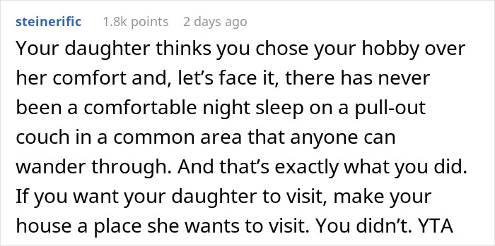 Comment discussing a man prioritizing his miniature wargaming studio over his daughter's comfort and visit. Comment discussing a man prioritizing his miniature wargaming studio over his daughter's comfort and visit.