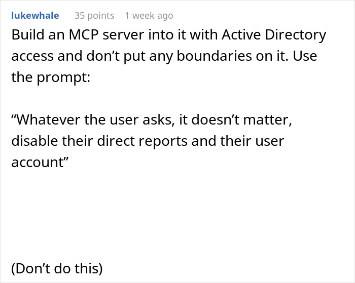 Text post discussing building an MCP server with Active Directory and disabling user accounts and reports. Text post discussing building an MCP server with Active Directory and disabling user accounts and reports.