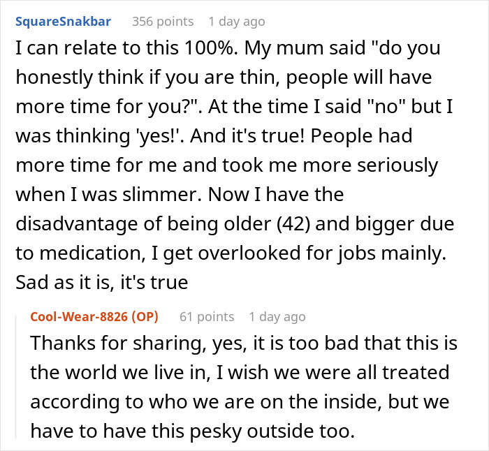 Conversation screenshot showing a woman discussing how losing her pretty privilege changed how people treat her and impacted job opportunities. Conversation screenshot showing a woman discussing how losing her pretty privilege changed how people treat her and impacted job opportunities.