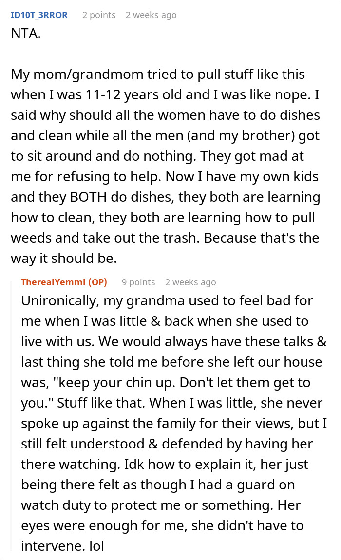 Text conversation discussing boycotting chores at sexist parents' house until brothers help clean and sharing family cleaning values.