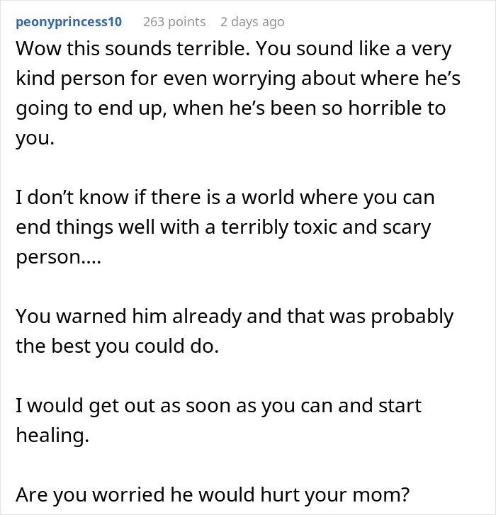 Commenter responding with advice about escaping a toxic home caused by a jobless partner’s anger and spending habits. Commenter responding with advice about escaping a toxic home caused by a jobless partner’s anger and spending habits.