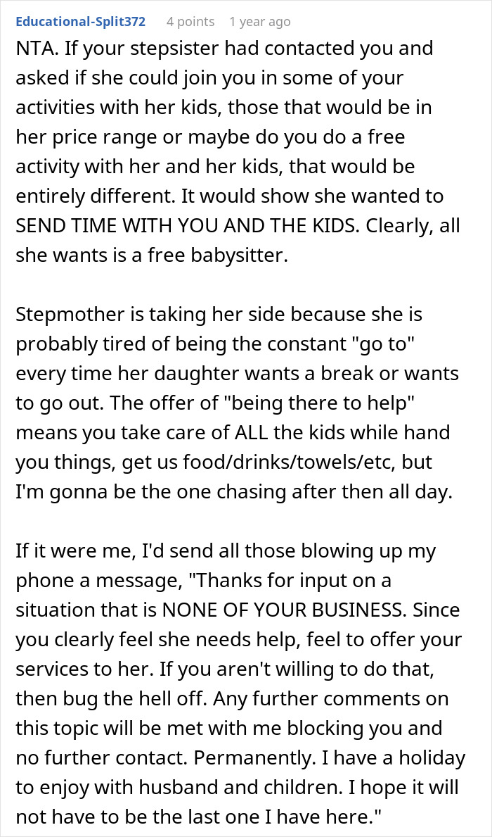 Text conversation about woman refusing to babysit step sister’s kids, sparking family drama and arguments. Text conversation about woman refusing to babysit step sister’s kids, sparking family drama and arguments.