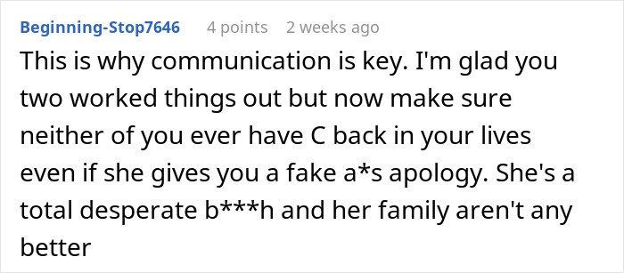 Screenshot of an online comment discussing communication in a situation involving a husband’s childhood best friend and a favor. Screenshot of an online comment discussing communication in a situation involving a husband’s childhood best friend and a favor.