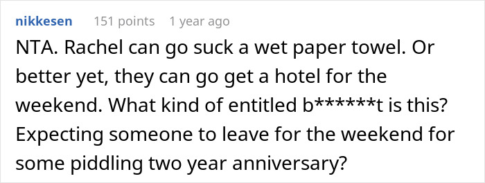 Reddit comment discussing a toxic roomie situation amid plans for a steamy weekend getaway. Reddit comment discussing a toxic roomie situation amid plans for a steamy weekend getaway.