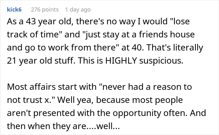 Comment discussing suspicion around wife’s catch-up with ex turning into a sleepover, husband left wondering. Comment discussing suspicion around wife’s catch-up with ex turning into a sleepover, husband left wondering.
