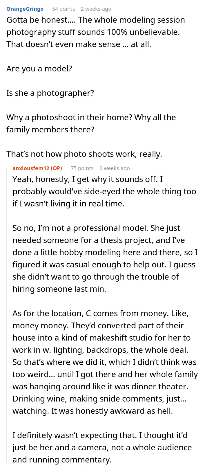 Reddit conversation discussing a modeling favor from husband's childhood best friend and an awkward photo shoot experience. Reddit conversation discussing a modeling favor from husband's childhood best friend and an awkward photo shoot experience.