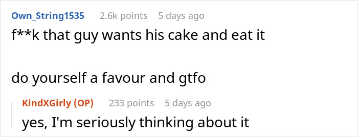 Screenshot of a conversation about a hypocrite guy in an open relationship upset over his girlfriend's one-night stand. Screenshot of a conversation about a hypocrite guy in an open relationship upset over his girlfriend's one-night stand.