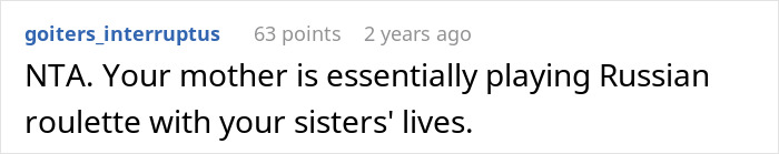 Screenshot of an online comment discussing concerns after man finds out mom left his little sisters alone, calls CPS, family reacts. Screenshot of an online comment discussing concerns after man finds out mom left his little sisters alone, calls CPS, family reacts.