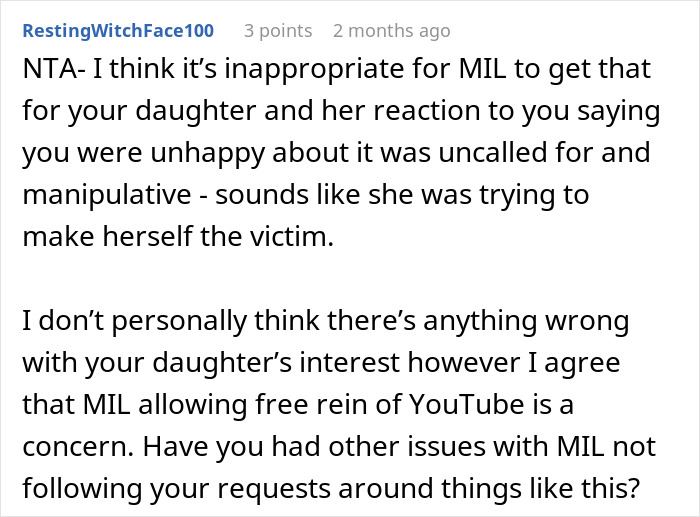 Reddit comment discussing mom furious over MIL’s weird gift to her pregnancy-obsessed 6-year-old daughter. Reddit comment discussing mom furious over MIL’s weird gift to her pregnancy-obsessed 6-year-old daughter.