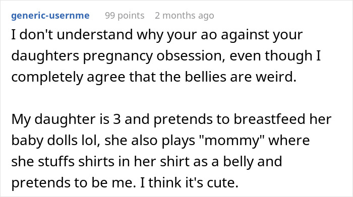 Screenshot of a comment discussing a mom furious over MIL's weird gift to her pregnancy-obsessed 6-year-old child. Screenshot of a comment discussing a mom furious over MIL's weird gift to her pregnancy-obsessed 6-year-old child.