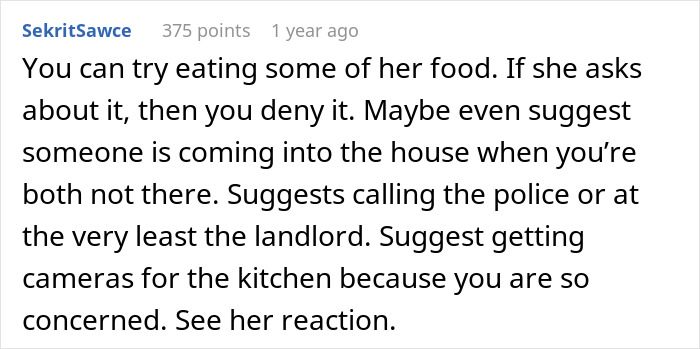 Comment text on a discussion forum about a middle-aged woman with a shopping habit stealing her roommate’s food.