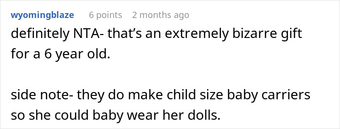 Screenshot of online comment about a bizarre gift from mother-in-law to pregnancy-obsessed 6-year-old child. Screenshot of online comment about a bizarre gift from mother-in-law to pregnancy-obsessed 6-year-old child.