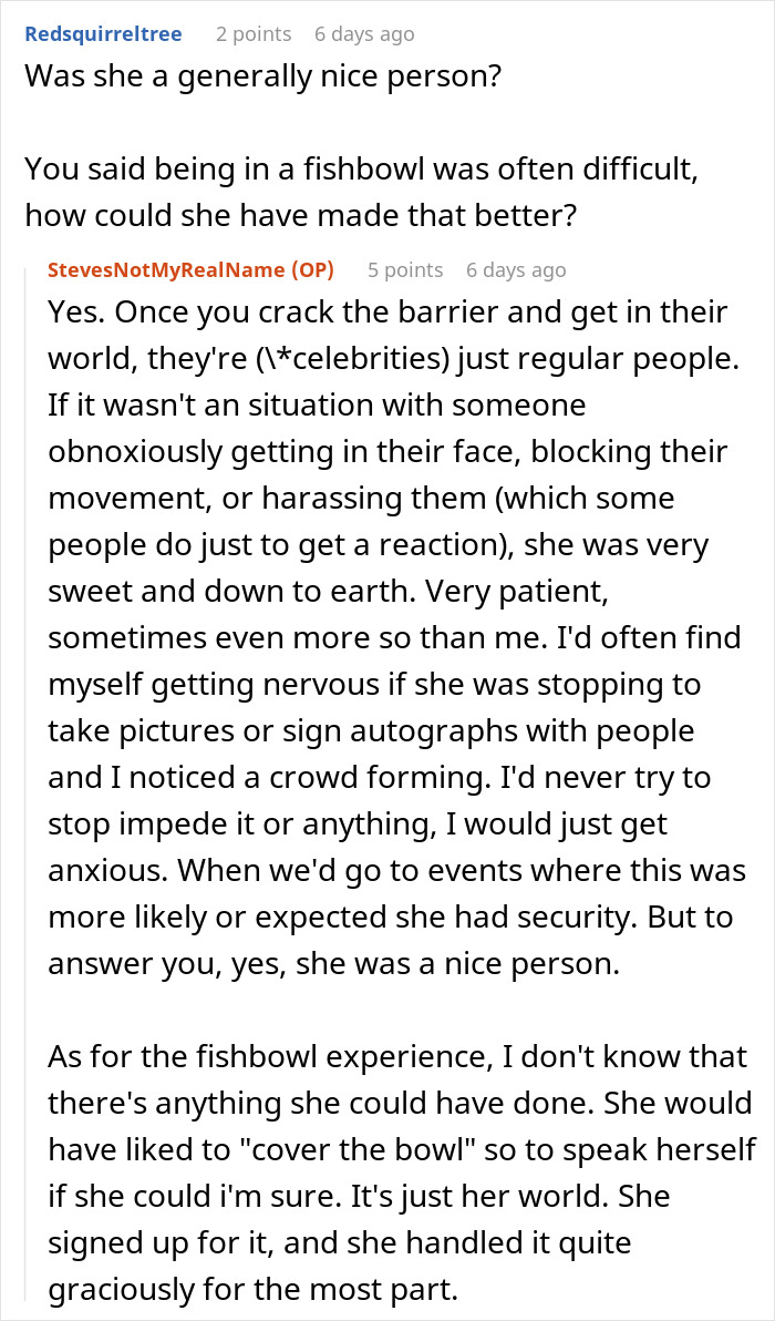 Reddit user shares insights on dating a famous actress, describing her as patient, kind, and handling celebrity life graciously.