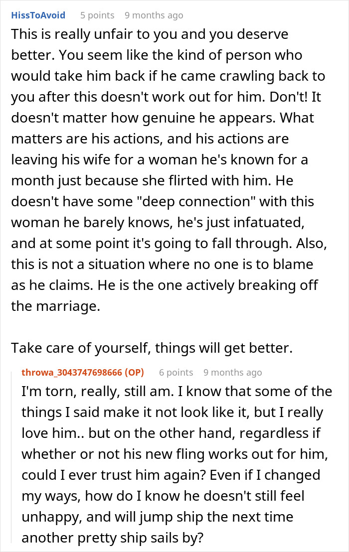 Screenshot of a Reddit conversation discussing a woman’s husband leaving her after being hit on for the first time.