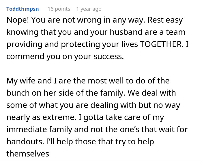 Screenshot of a supportive online comment about husband and wife hiding wealth from dysfunctional families for safety. Screenshot of a supportive online comment about husband and wife hiding wealth from dysfunctional families for safety.