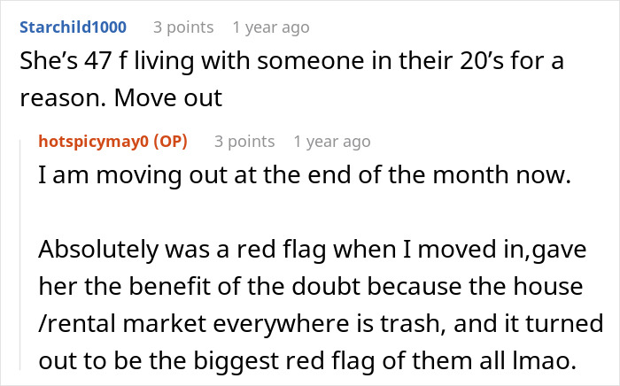 Conversation between middle-aged woman with a shopping habit and roommate discussing moving out due to food stealing.