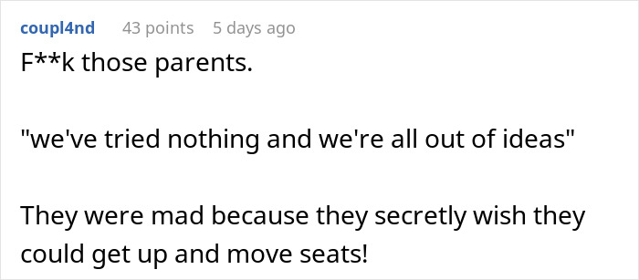 Comment discussing passenger moves seats on flight after special needs kid’s kickfest, facing blame nearby. Comment discussing passenger moves seats on flight after special needs kid’s kickfest, facing blame nearby.