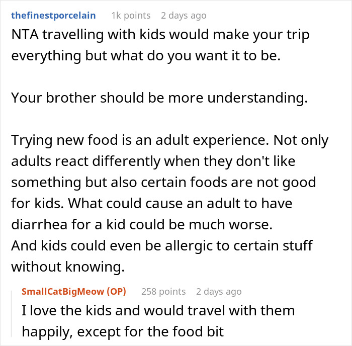Reddit comment discussing a man planning a life-changing trip after cancer battling issues with brother’s picky kids.