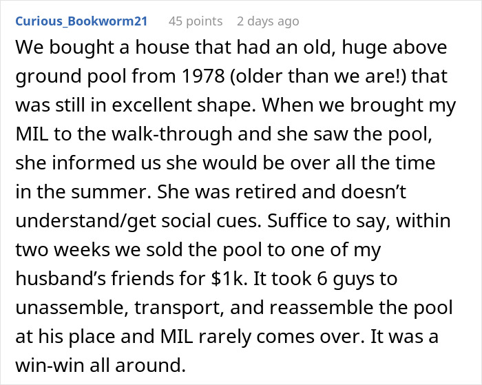 Text post about neighbors sending their relatives to use a pool without consent, describing selling the pool to stop it. Text post about neighbors sending their relatives to use a pool without consent, describing selling the pool to stop it.