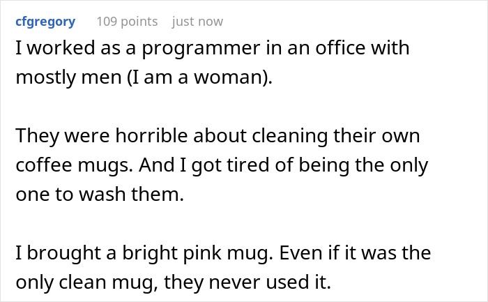 Text screenshot of a Reddit post describing a programmer’s experience with coworkers stealing coffee mugs and not cleaning them.