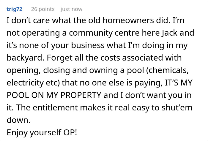 Screenshot of an online comment about neighbors sending their relatives to use a private pool without consent. Screenshot of an online comment about neighbors sending their relatives to use a private pool without consent.