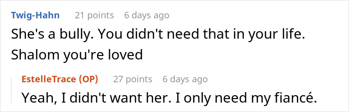 Screenshot of a Reddit conversation discussing a woman making below-the-belt comments about her sister’s fiancé.
