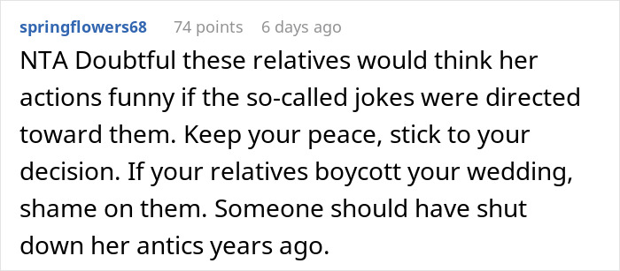 Screenshot of an online comment criticizing a woman for making below-the-belt jokes about her sister’s fiancé.