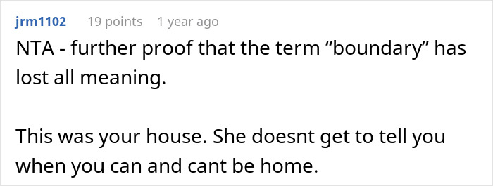 Screenshot of a Reddit comment discussing boundaries and eviction in a toxic roommate situation during a planned weekend. Screenshot of a Reddit comment discussing boundaries and eviction in a toxic roommate situation during a planned weekend.