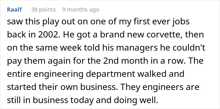 Comment about a boss making workers admire his new truck while delaying their pay, sparking worker rebellion. Comment about a boss making workers admire his new truck while delaying their pay, sparking worker rebellion.