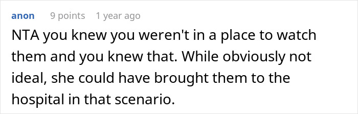 Screenshot of an online comment discussing a guy refusing to watch kids during an emergency while under the influence. Screenshot of an online comment discussing a guy refusing to watch kids during an emergency while under the influence.