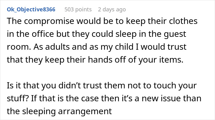 Screenshot of Reddit comment discussing trust issues regarding sleeping arrangements in a miniature wargaming studio. Screenshot of Reddit comment discussing trust issues regarding sleeping arrangements in a miniature wargaming studio.