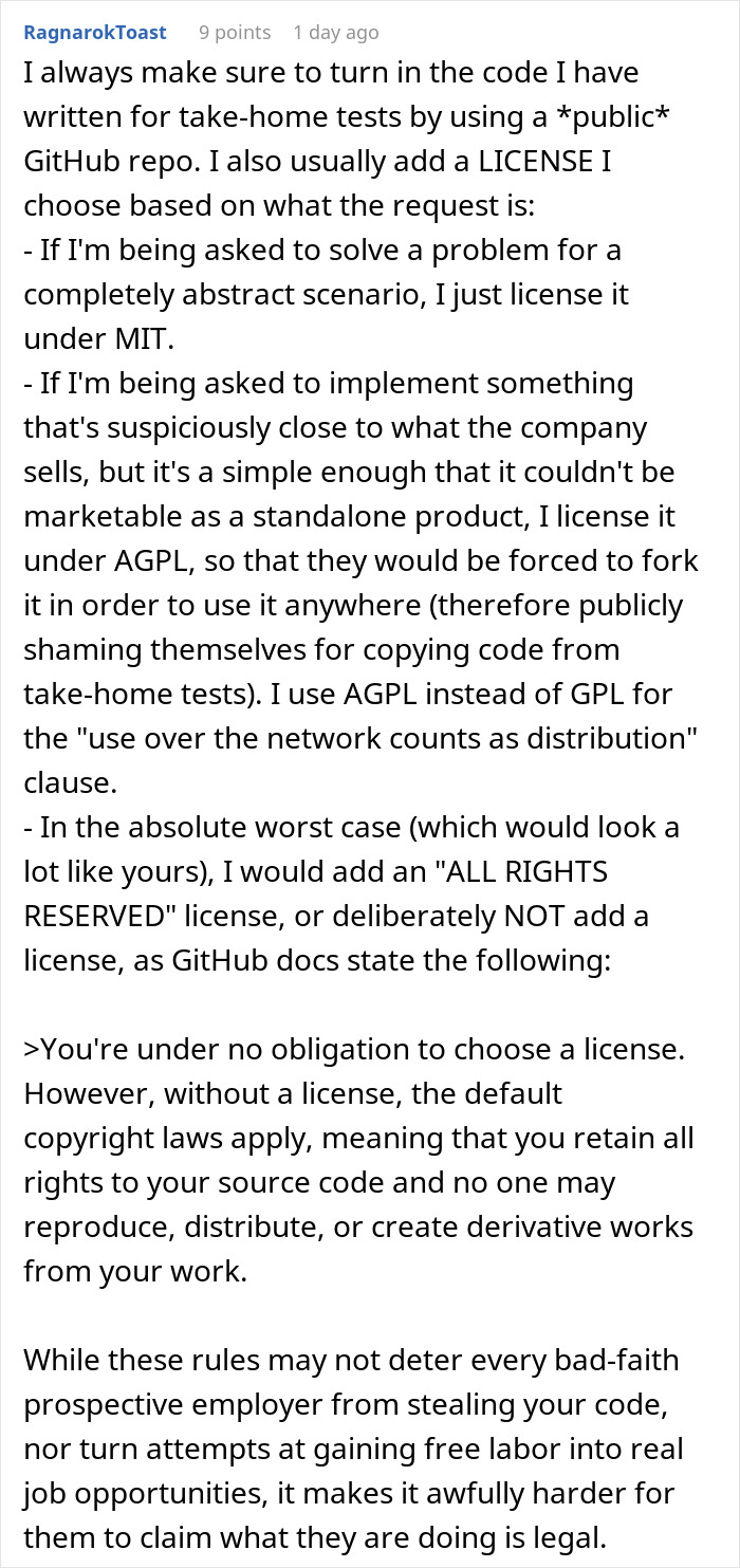 Commenter explaining licensing strategies to protect code from being misused in interview tasks or take-home coding tests.