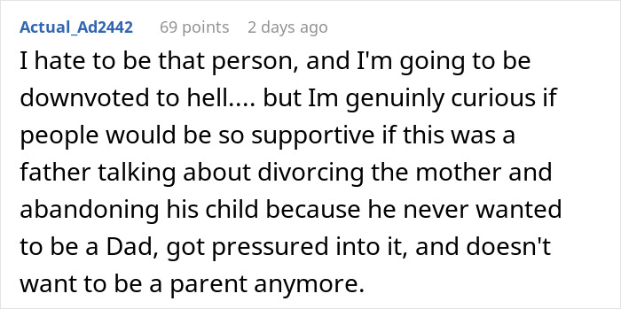 Screenshot of a Reddit comment discussing a mother tired of her cheating husband and unwanted child, considering running away. Screenshot of a Reddit comment discussing a mother tired of her cheating husband and unwanted child, considering running away.