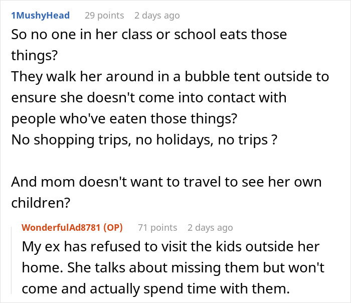 Reddit discussion about dad refusing to change kids’ diet so ex’s new husband can host them at their mom’s house. Reddit discussion about dad refusing to change kids’ diet so ex’s new husband can host them at their mom’s house.