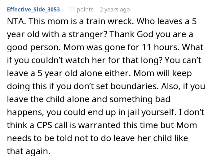 Comment discussing a woman who abandons her child with a stranger roommate, raising concerns about child safety and boundaries. Comment discussing a woman who abandons her child with a stranger roommate, raising concerns about child safety and boundaries.