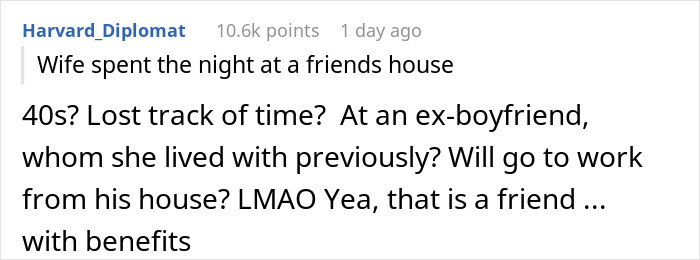 Comment discussing wife’s catch-up with her ex turning into a sleepover, while husband is left home alone wondering. Comment discussing wife’s catch-up with her ex turning into a sleepover, while husband is left home alone wondering.