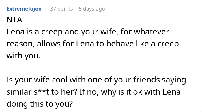 Screenshot of a Reddit comment discussing a man kicking out wife’s best friend after she jokes about wanting his baby. Screenshot of a Reddit comment discussing a man kicking out wife’s best friend after she jokes about wanting his baby.