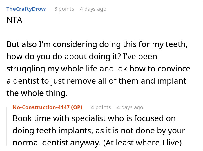 Reddit conversation about man revealing his teeth aren’t real after years, discussing teeth implants and trust issues.