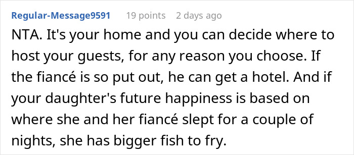 Comment discussing a man prioritizing his miniature wargaming studio over his daughter and her fiancé's accommodation. Comment discussing a man prioritizing his miniature wargaming studio over his daughter and her fiancé's accommodation.