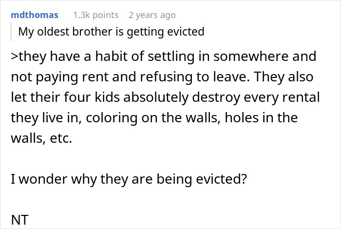 Screenshot of a Reddit comment about siblings turning on sister after she refuses to turn her home into a shelter. Screenshot of a Reddit comment about siblings turning on sister after she refuses to turn her home into a shelter.