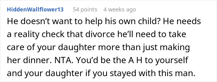 Comment about husband refusing to help with child, discussing AITAH for leaving him in a parent-child care conflict. Comment about husband refusing to help with child, discussing AITAH for leaving him in a parent-child care conflict.