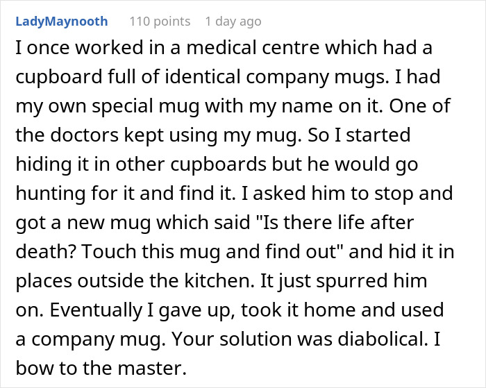 User’s story about a coworker stealing Hawaii mug repeatedly, leading to a cat-food-flavored coffee prank.