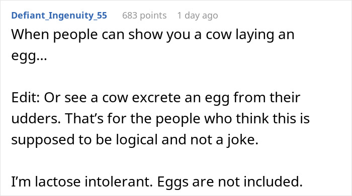 Screenshot of a Reddit comment discussing confusion about eggs being classified as dairy and lactose intolerance concerns. Screenshot of a Reddit comment discussing confusion about eggs being classified as dairy and lactose intolerance concerns.
