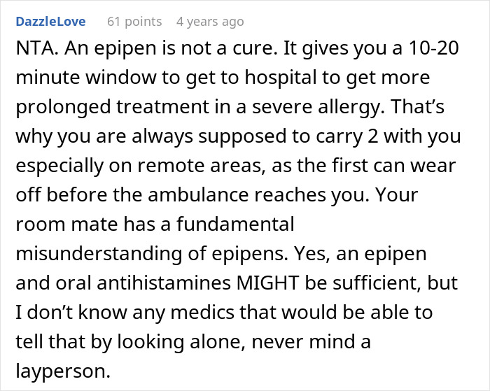 Screenshot of a Reddit comment discussing medical bills and allergic reaction treatment for roommate's son. Screenshot of a Reddit comment discussing medical bills and allergic reaction treatment for roommate's son.
