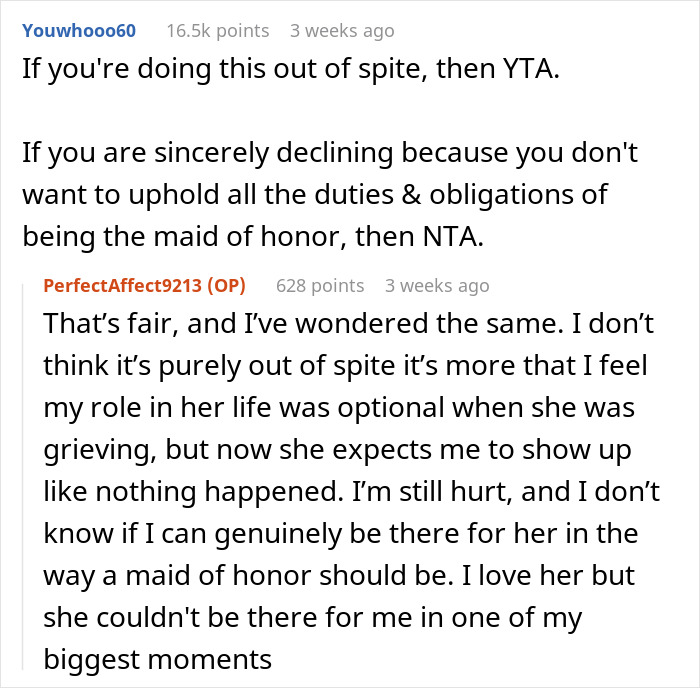 Reddit conversation about maid of honor missing sister’s wedding after losing dog and emotional conflict in duties. Reddit conversation about maid of honor missing sister’s wedding after losing dog and emotional conflict in duties.